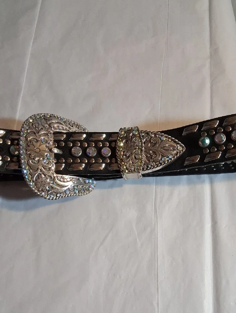 Black Rhinestone Western Belt with Ornate Silver Buckle - Nocona